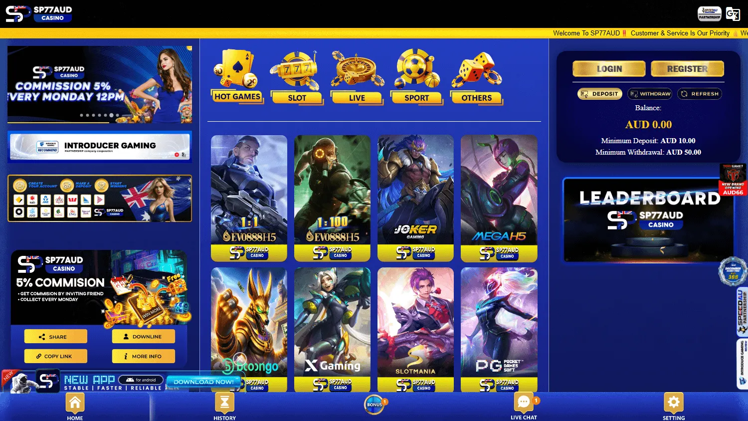 Sp77 Casino home page on desktop