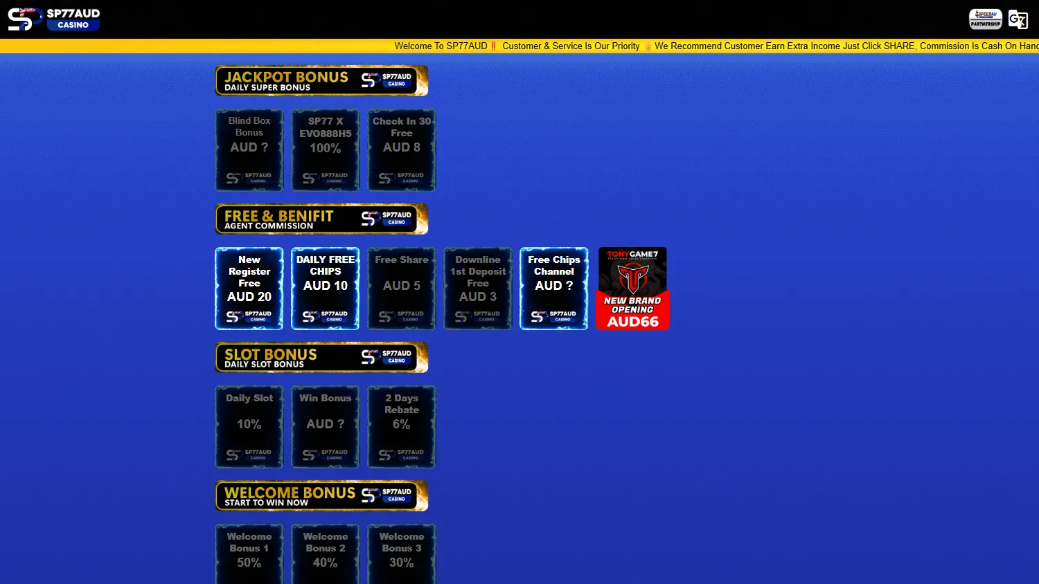 Sp77 Casino promotions area on desktop